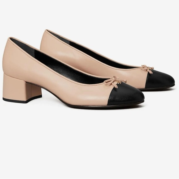 Tory Burch 45MM Leather Cap-Toe Ballet Block Heel Pumps in Pink/Black Size 6.5 - Picture 2 of 13